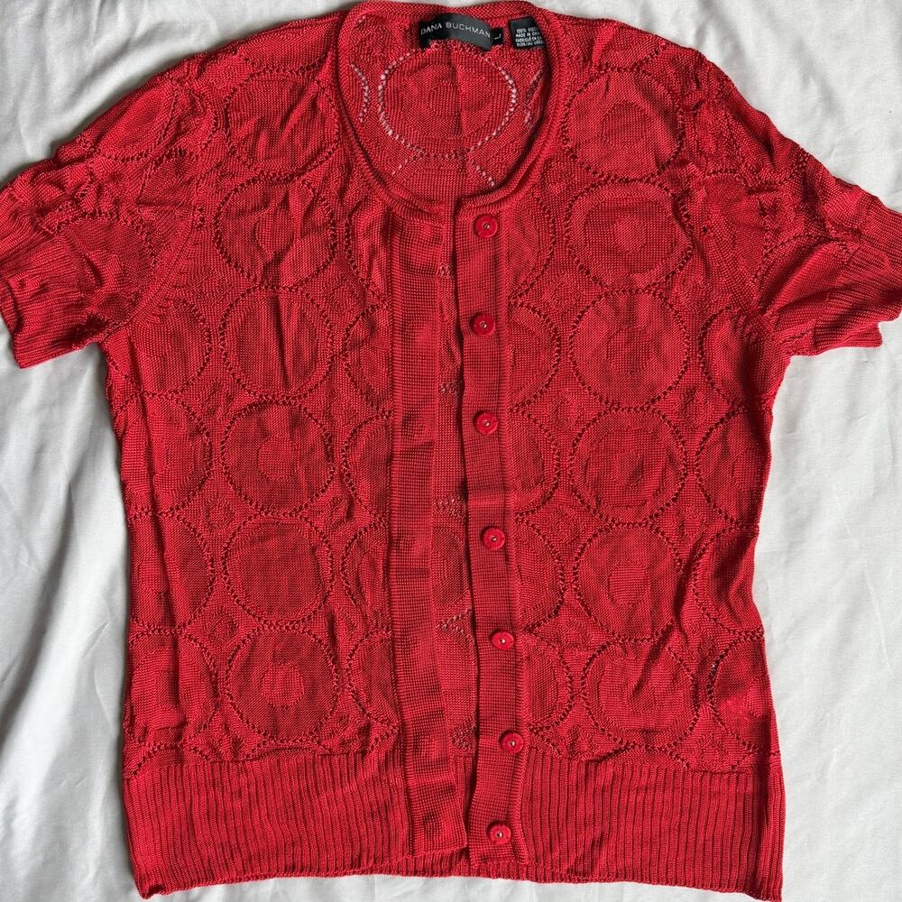 Dana Buchman Red, Circles, Textured, Light Weight, Short Sleeve Cardigan/Top- L
